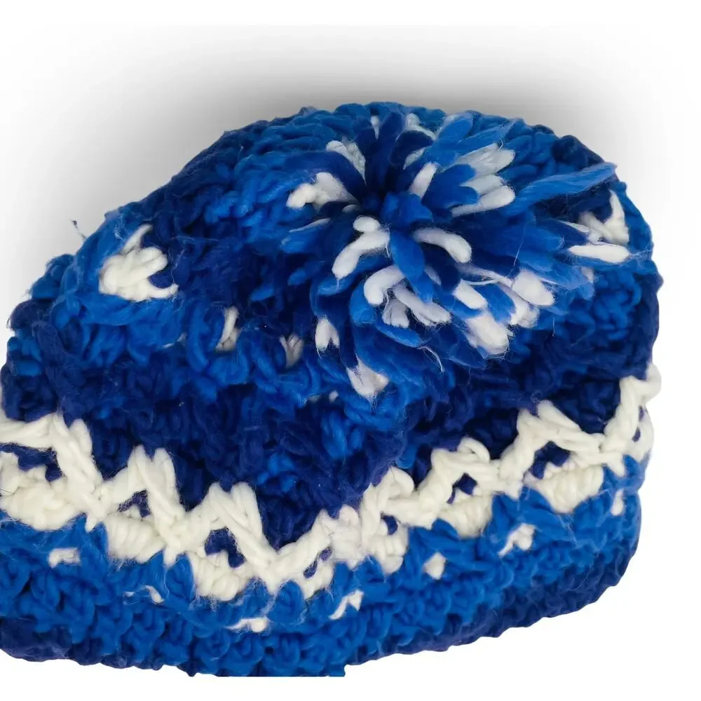LL Bean Kids Medium Beanie Hat Blue Purple Knit Pom Fleece Lined Winter Ski Cap